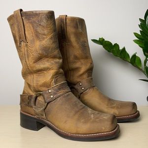 Frye Harness 12R Boots Distressed Light Brown Tan Leather Size 8